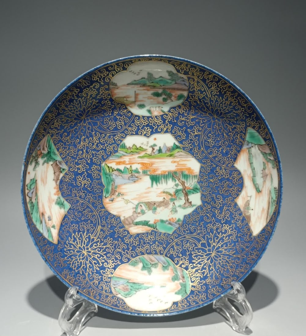 A Qing Kangxi snowflake blue window colorful character landscape plate: Qing Kangxi snowflake blue window colorful character landscape plate SIZE: Diameter 21.5cm (The Dimensions Of All Batches Are Manually Measured.If You Need More Detailed Information, Please