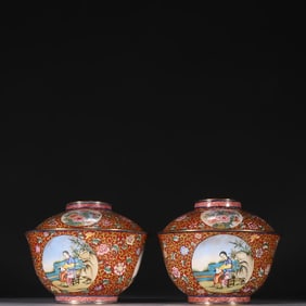 A Qing Dynasty copper tire painting enamel window character story tea bowl