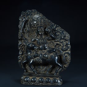 Qing Dynasty Black Stone Tibetan Buddhist Black Stone Protector Statue