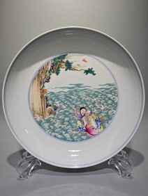 A piece of Qing Yongzheng pastel seawater shouxing lotus pond fun plate