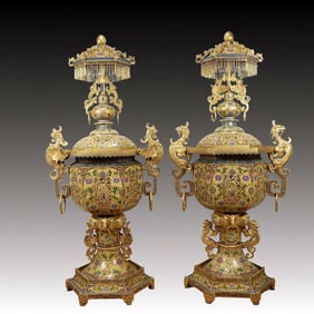 A pair of cloisonné enamel dragon and phoenix palace lamps from the Qing Dynasty