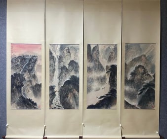 A landscape painting by Fu Baoshi with four screens