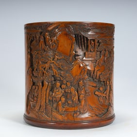 Qing Dynasty sandalwood landscape character story pen holder