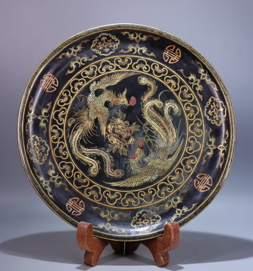 A dragon and phoenix plate made in the Guangxu era of the Qing Dynasty with rattan braided tires and (1 of 10)