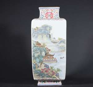 A Qing Dynasty Qianlong pastel landscape pavilion square inlay