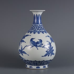 A blue and white flower and bird pattern jade pot spring vase made in the Qing Yongzheng era