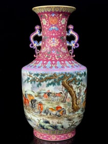 A Qianlong year carmine-edged horse herding picture amphora square shoulder bottle