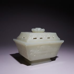 A Qing Dynasty Hetian jade carved lotus reclining Buddha with gold painting poetry incense burner