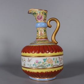 A dry Qinglong enamel colorful yellow ground carving entwined lotus alum red with gold painted