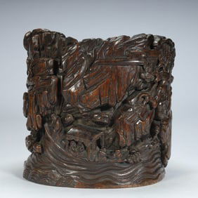 Qing Dynasty agarwood landscape character pen holder