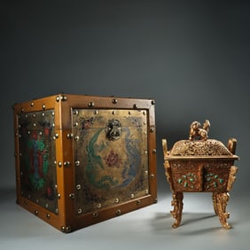 A gilt inlaid gemstone square cauldron incense burner