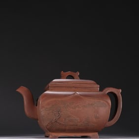 A Qing Dynasty purple sand landscape figure teapot