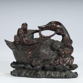 Qing Dynasty agarwood carving boy goose ornament