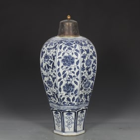 A Yuan blue and white silver lid entwined floral pattern eight-sided plum vase