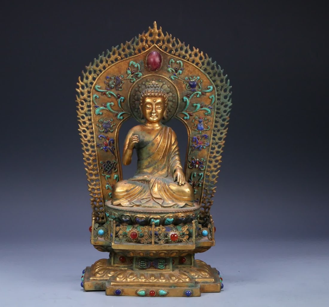 A Buddhist hall enshrines a statue of Shakyamuni inlaid with copper gilt inlaid with many treasures: The Buddhist hall enshrines a statue of Shakyamuni with copper gilt inlaid with many treasures SIZE: 29.5x18x15.8cm Weight 2210g (The Dimensions Of All Batches Are Manually Measured.If You Need More D