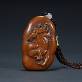 Qing Dynasty boxwood carving "Horse to Success" hanging pendant,