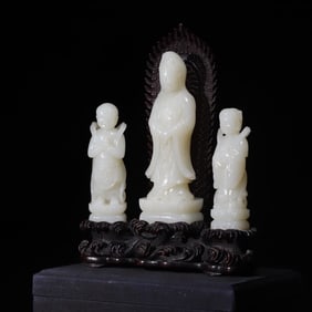 A set of Qing Dynasty Hetian white jade Guanyin golden boy and jade girl