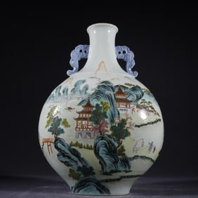 A Qing Dynasty Qianlong pastel landscape pavilion figure holding the moon