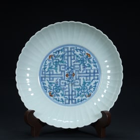 Qing Dynasty Doucai Fushou pattern melon edge plate