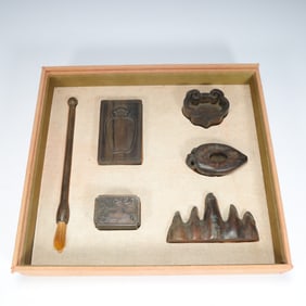Qing Dynasty rosewood carving study six-piece set (with box)