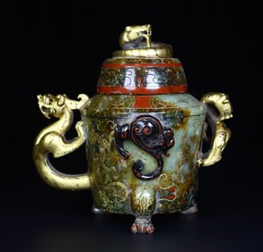 A Han Dynasty Hetian jade painted relief dragon cup