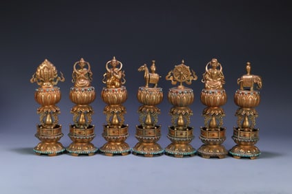 A set of Qing Dynasty copper gilt inlaid treasure "Seven Treasures" ornaments