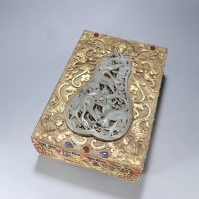 A copper gilt inlaid Hetian jade five-blessing longevity cover box