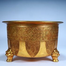 Qing Dynasty copper gilt carved three-legged furnace,