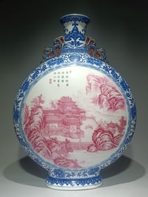 A Qing Qianlong blue and white Fushou continuous window opening jewel red landscape water aura moon