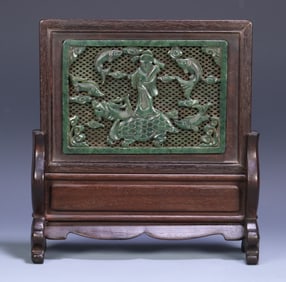 A piece of Qing Dynasty rosewood shadow wood inlaid Hetian jasper "Lucky stars shine high, there are