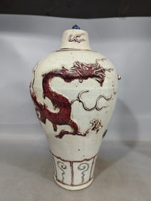 A Ming Dynasty glazed red dragon pattern plum bottle