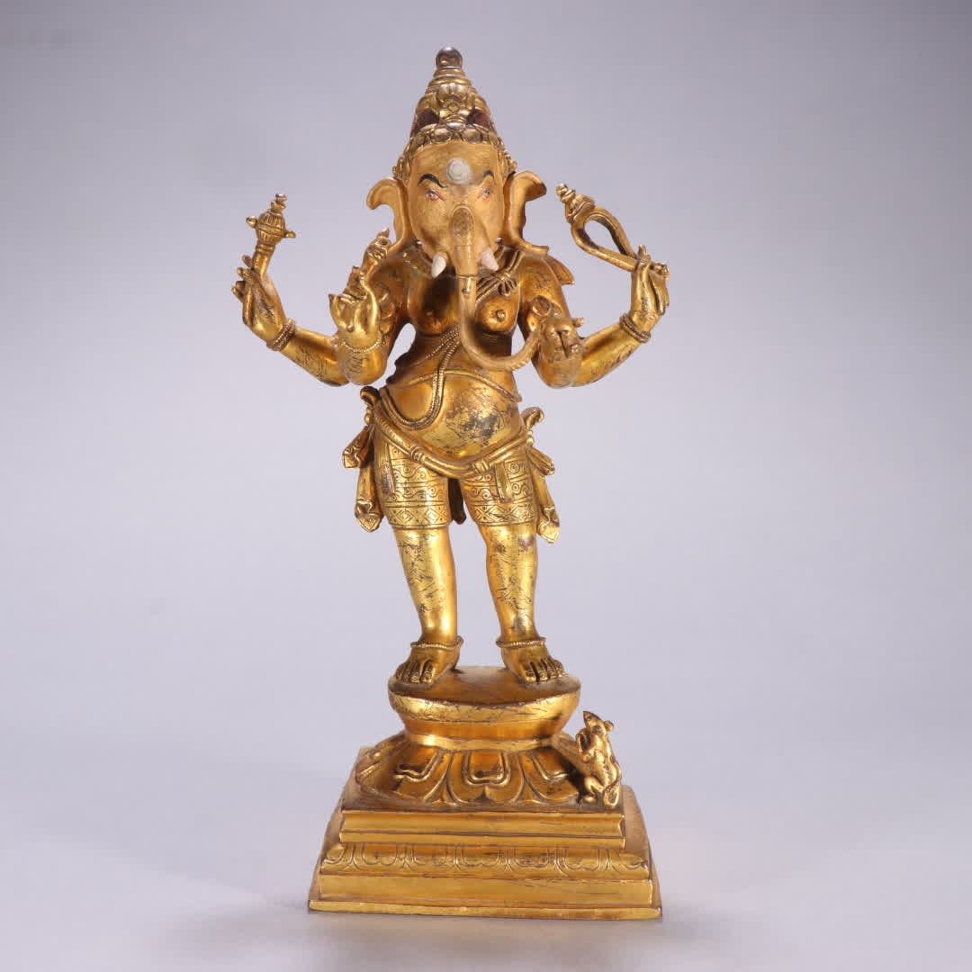 A piece of Qing Dynasty copper gilt elephant trunk Buddha and Bodhisattva of the God of Wealth (1 of 9)