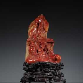 A Shoushan stone Luohan Shanzi ornament was originally equipped with a mahogany seat