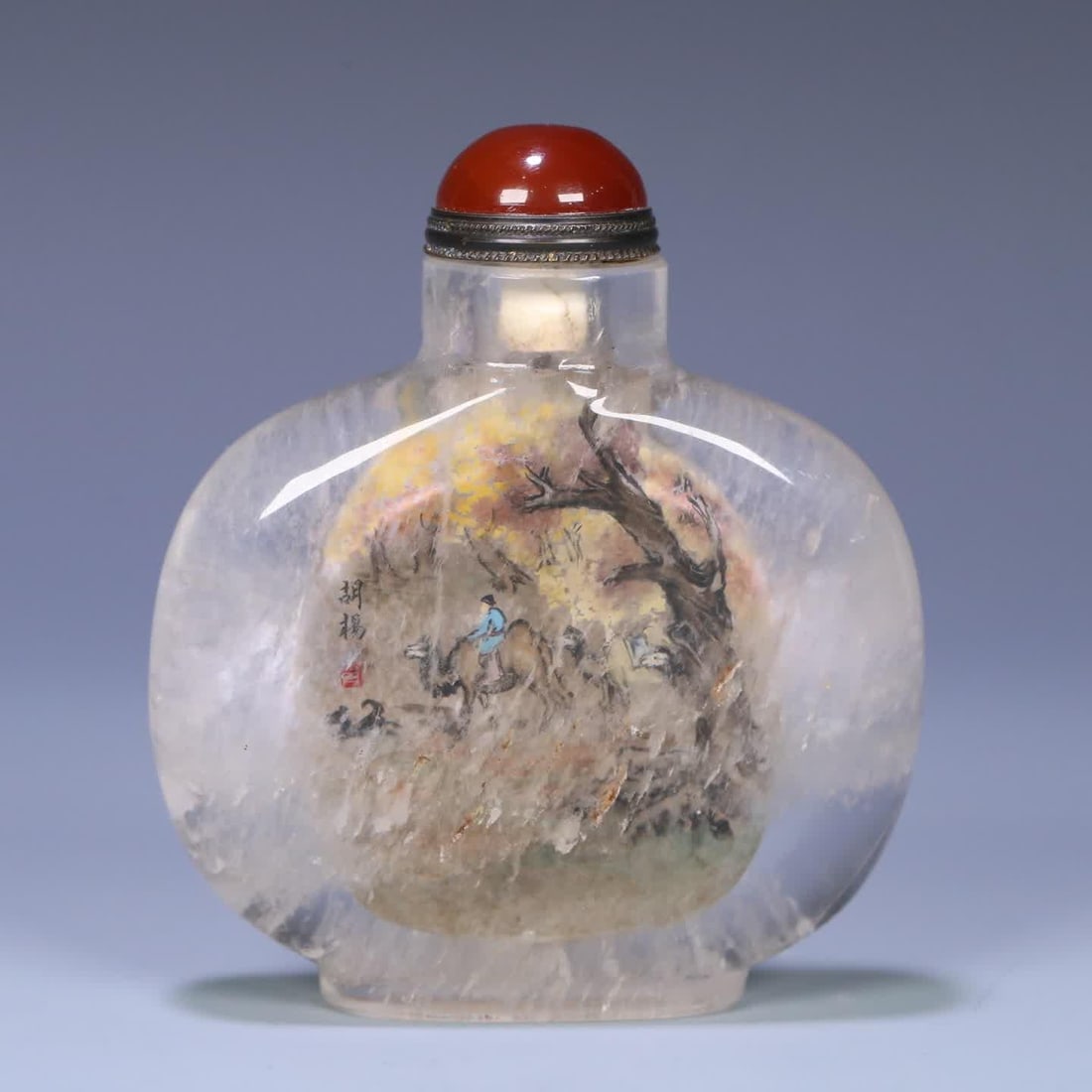 A snuff bottle painted in the late Qing Dynasty by the famous Ding Erzhong natural crystal "Populus (1 of 9)