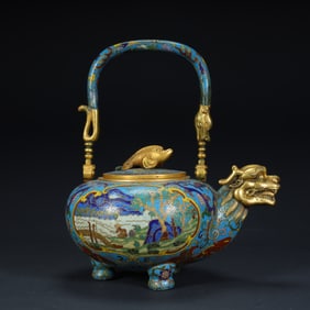 A Qing Dynasty Qianlong copper tire cloisonné enamel "landscape pattern" dragon handle beam pot,