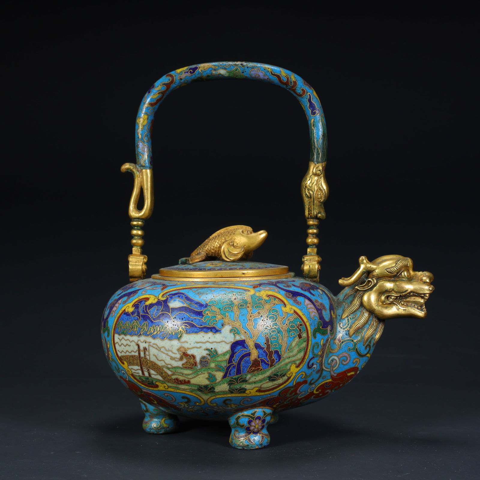 A Qing Dynasty Qianlong copper tire cloisonné enamel "landscape pattern" dragon handle beam pot, (1 of 12)