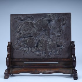 A Qing Dynasty Qiyang stone carving Taishi and Young Lion pattern inkstone screen