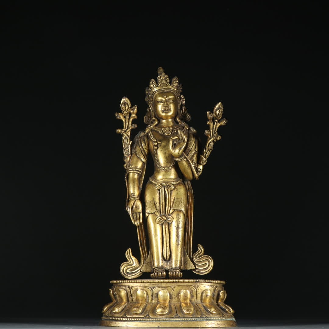 A Ming Dynasty copper-gilt Manjushri Bodhisattva: Ming Dynasty Bronze gilt Manjushri Bodhisattva SIZE: H:12.6cm W:10.6cm W:1109.8g (The Dimensions Of All Batches Are Manually Measured.If You Need More Detailed Information, Please Contact Our Customer