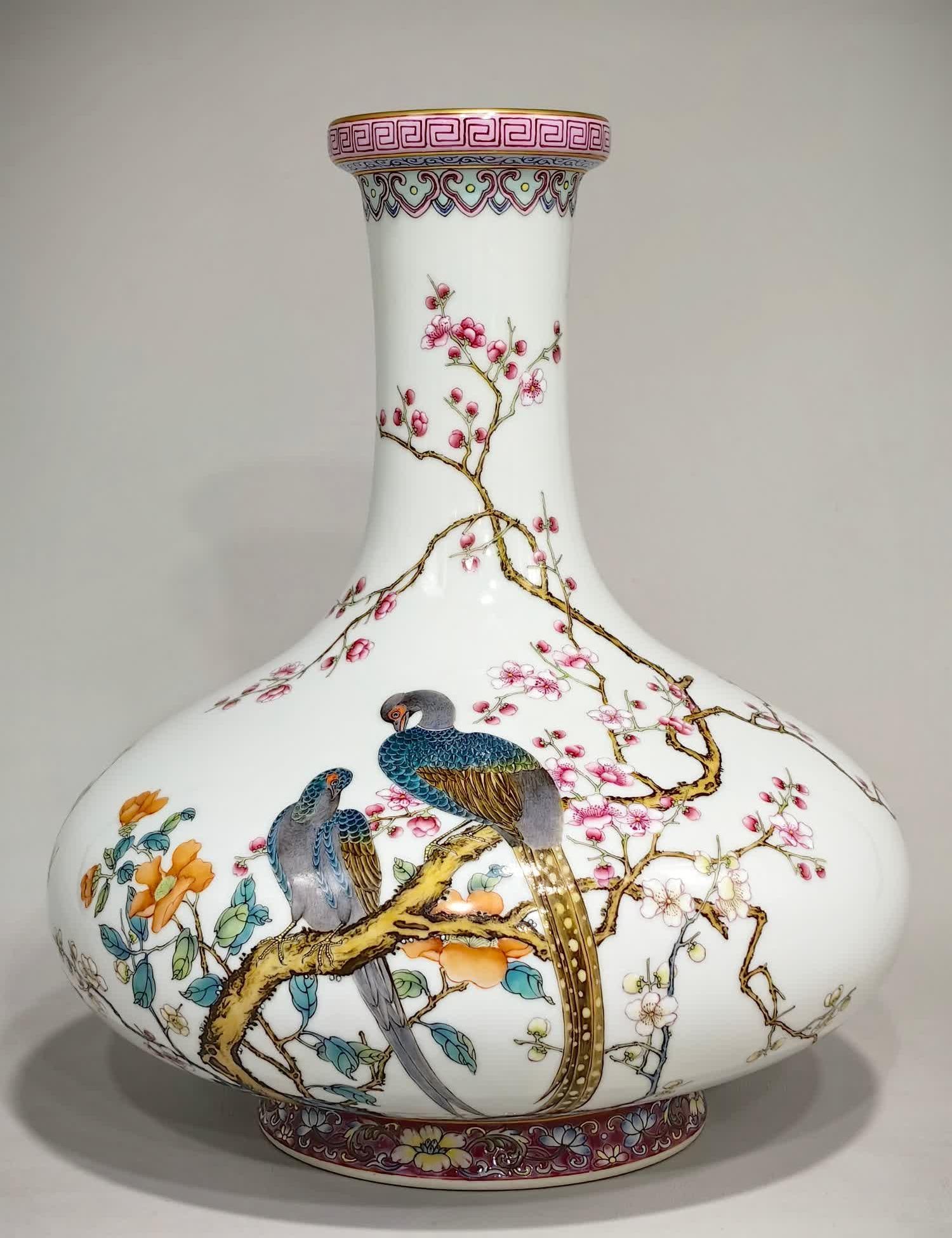 A Qing Yongzheng pastel flower and bird flat belly bottle (1 of 9)