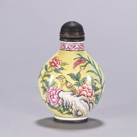 A Qing Dynasty copper tire painting enamel flower and bird pattern snuff bottle