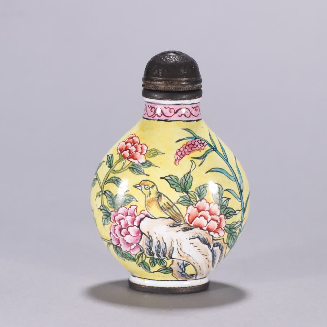 A Qing Dynasty copper tire painting enamel flower and bird pattern snuff bottle (1 of 9)