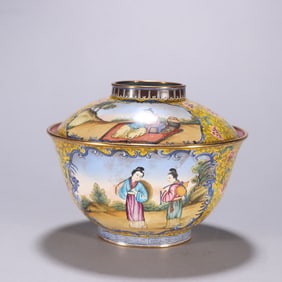 A Qing Dynasty copper tire painting enamel window opening character story cover bowl