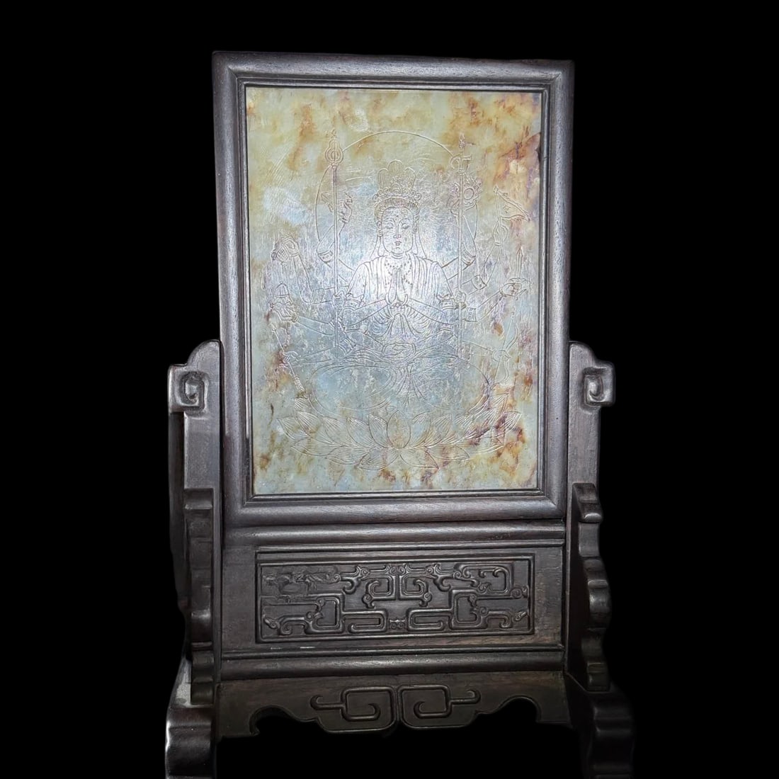 A Qing Dynasty mahogany inlaid Hetian jade thousand-handed Guanyin interstitial screen (1 of 10)