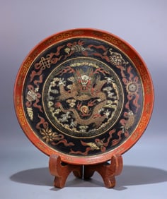 A wooden lacquer made in the Guangxu era of the Qing Dynasty with golden dragon pattern eight