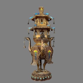 A Qing Dynasty silver-gilt blue filigree inlaid crane aromatherapy stove