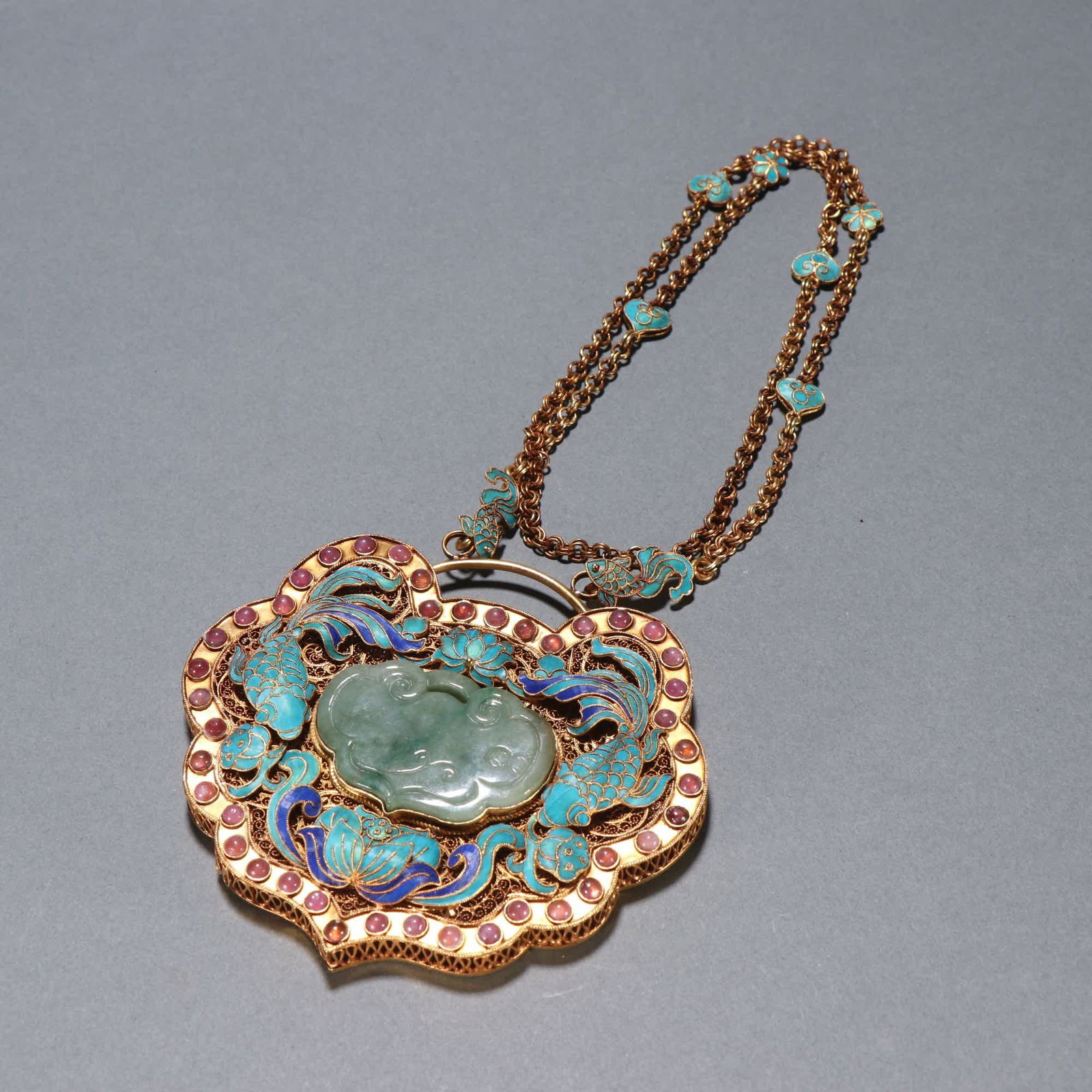 A Qing Dynasty silver-gilt cloisonné inlaid jade-dotted Ganoderma lucidum "more than a year" (1 of 9)