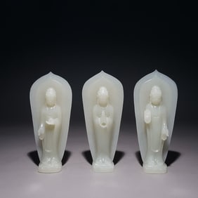 A set of Qing Dynasty Hetian jade three saint Buddha sculptures "Universal Virtue Wishes"