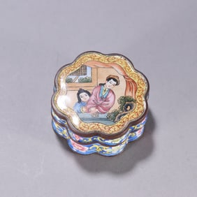 A Qing Dynasty copper tire painting enamel character story powder box