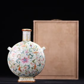 A Qing Qianlong model bean blue glazed pastel Fushou entwined lotus pattern ribbon ear flat bottle