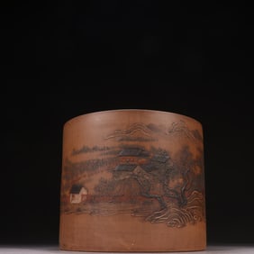 A Qing Qianlong clay landscape landscape poetry pen holder